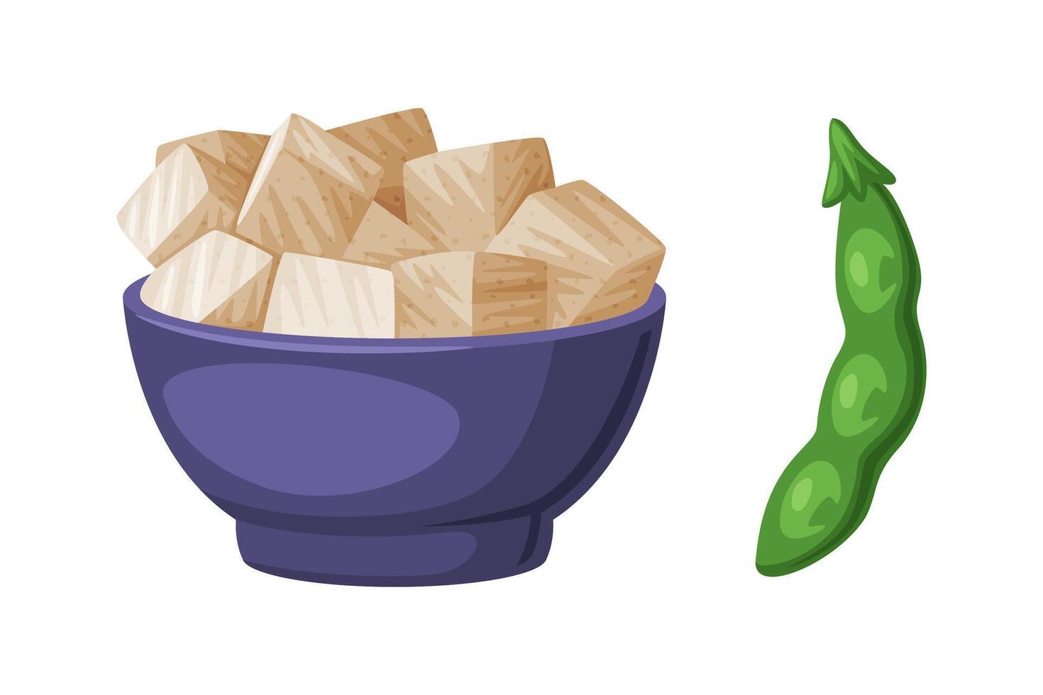 Soy Tofu Cheese and Green Bean Pod as Natural and Organic Product from Soybean Plant Set vector