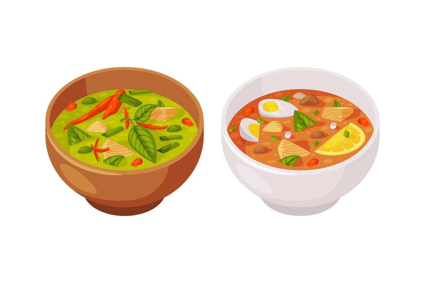 Traditional Thai Food with Creamy Soup in Bowl with Salmon and Egg Set vector