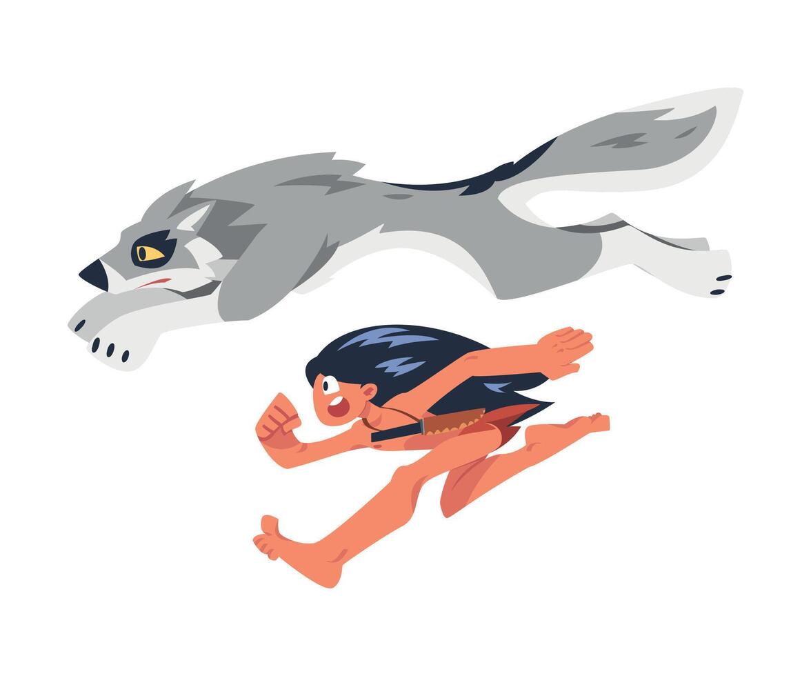 Mowgli as Feral Boy from Jungle Raised by Wolves Running with Wolf Brother Illustration vector