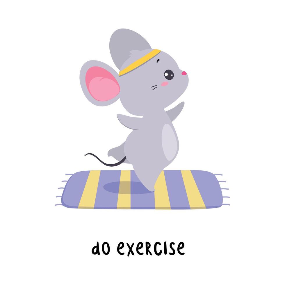 Little Mouse Doing Exercise on Mat Demonstrating English Verb for Educational Activity Illustration vector