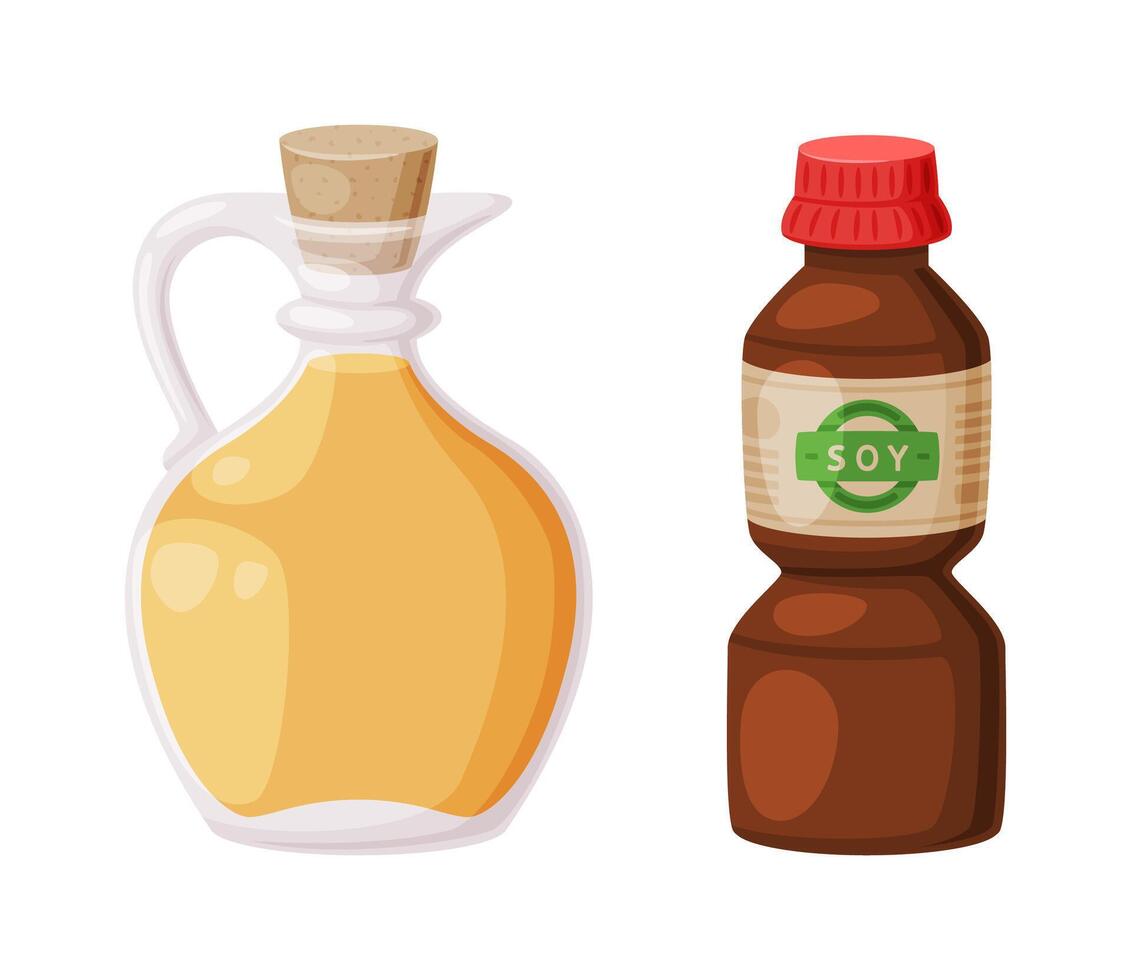 Soy Oil in Corked Jar and Bottle of Sauce as Natural and Organic Product from Soybean Plant Set vector