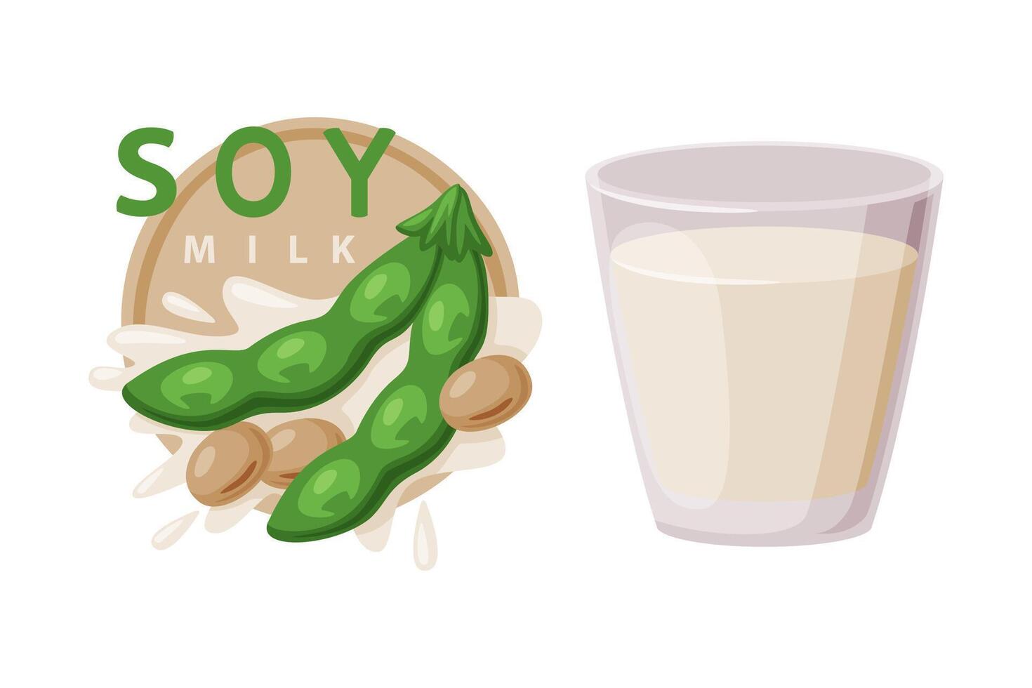 Green Soy Bean Pod and Glass with Milk as Natural and Organic Product from Soybean Plant Set vector
