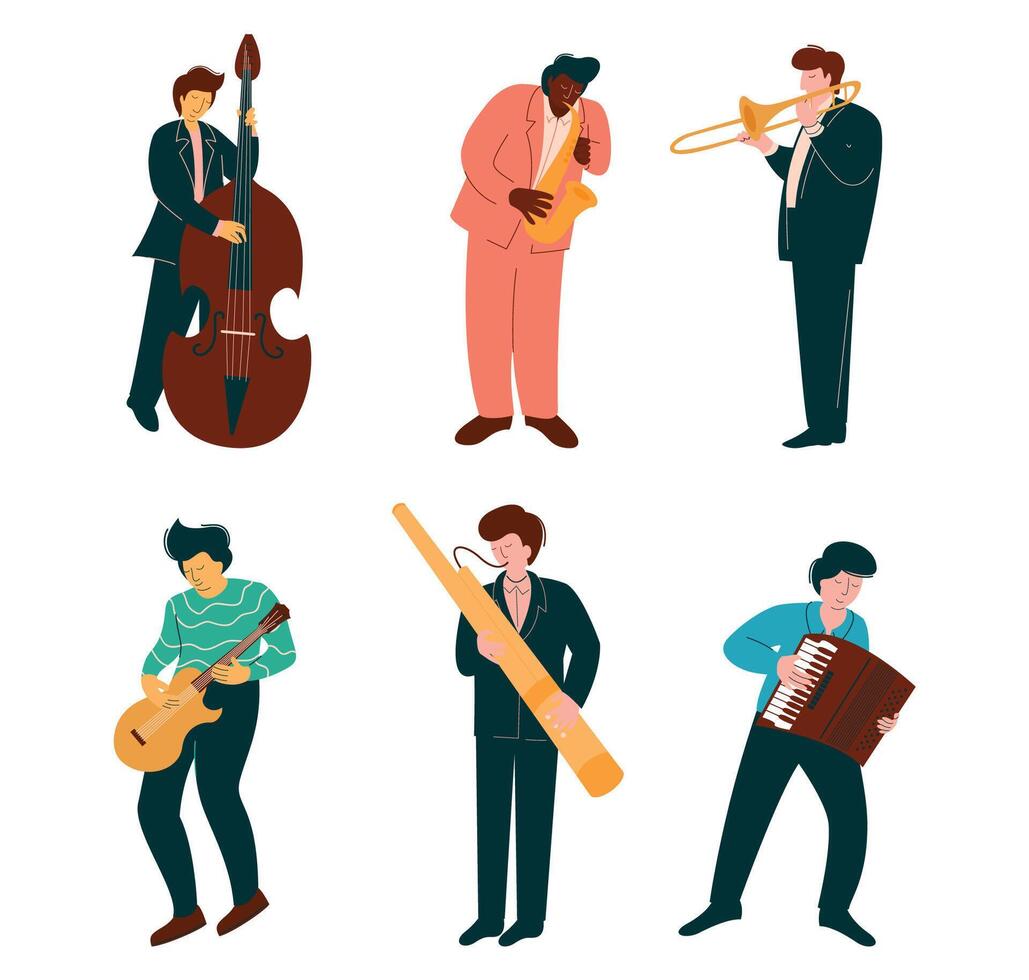 Man Musician Playing Musical Instrument Performing on Stage Set vector