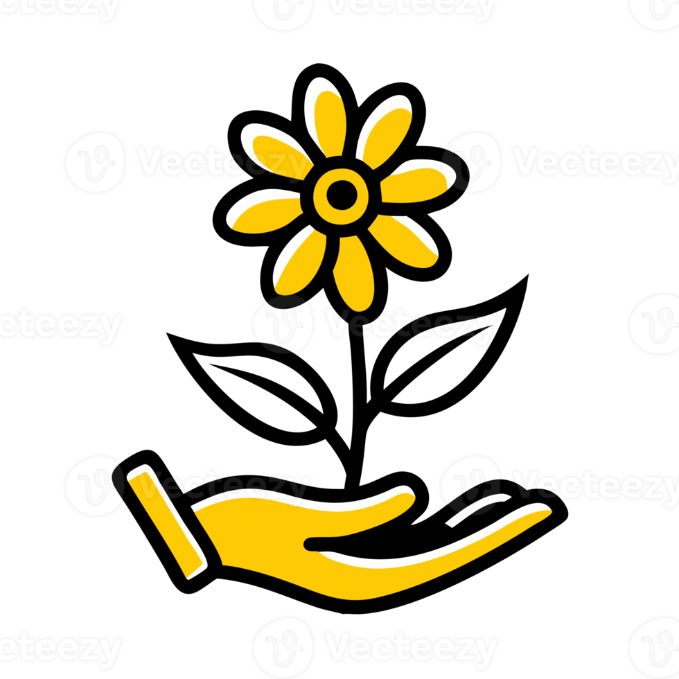 A yellow hand gently cradles a blooming flower with two leaves, cutouts png
