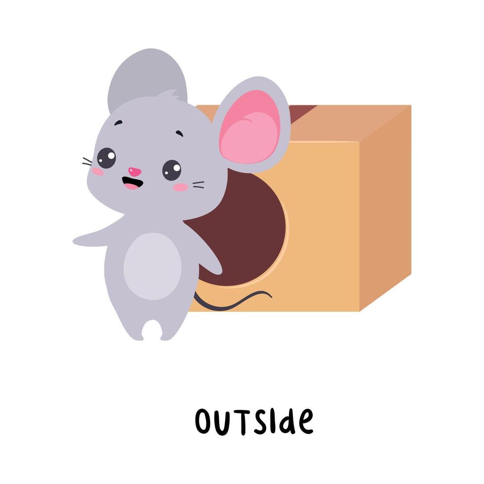 Little Mouse Standing Outside Cardboard Box as English Language Preposition for Educational Activity Illustration vector