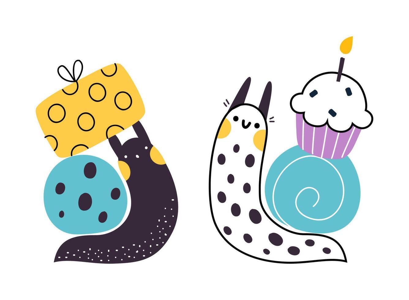 Cute Snail Character with Shell Carrying Gift Box and Cupcake on Its Back Set vector