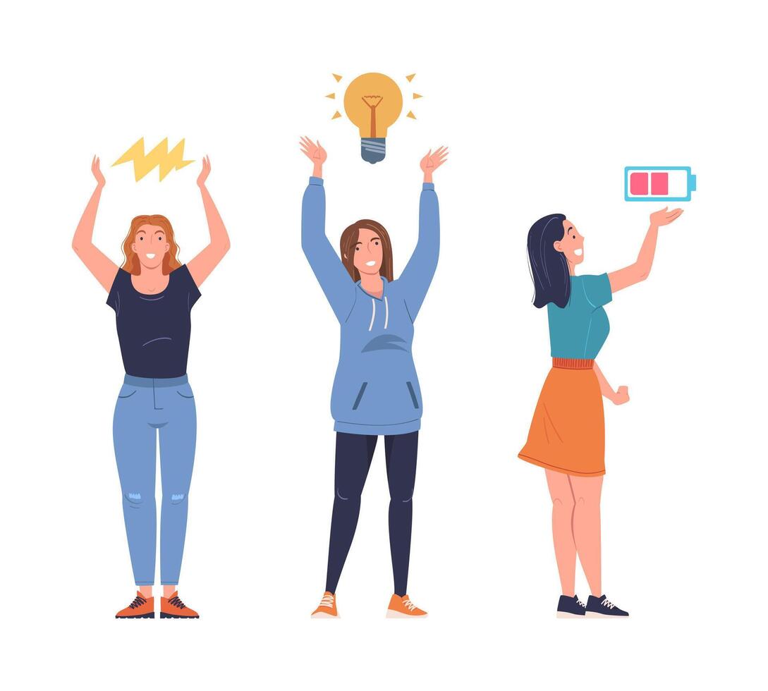 Woman Character with Glowing Lightbulb, Lightning and Battery Set vector