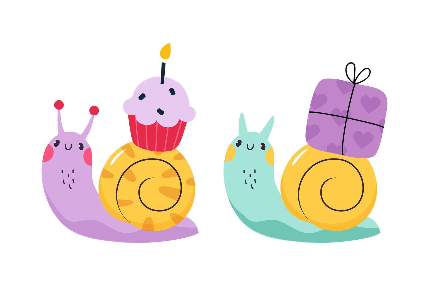 Cute Snail Character with Shell Carrying Cupcake and Gift Box on Its Back Set vector