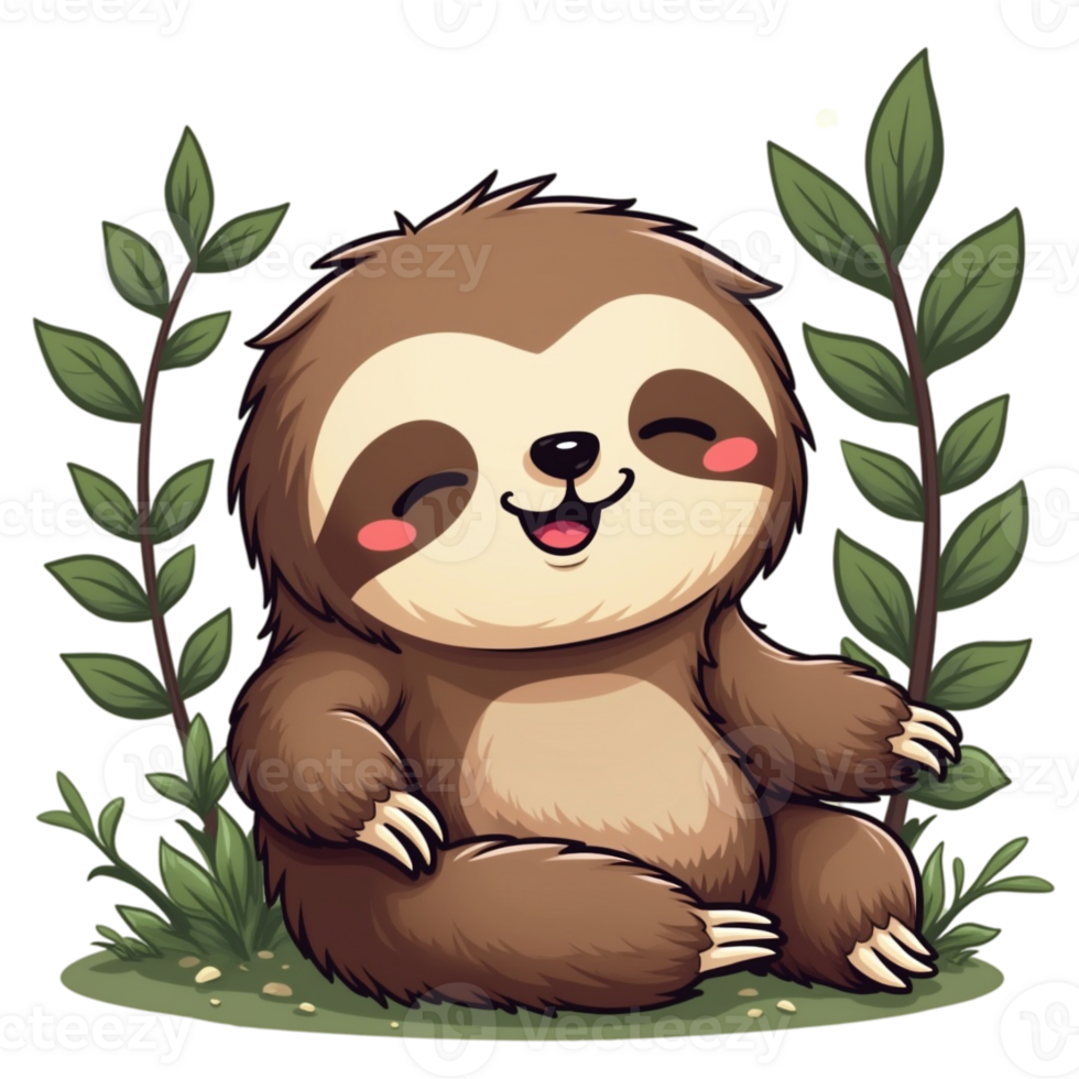 A cute, cartoon-style sloth sits happily among green plants, cutouts png