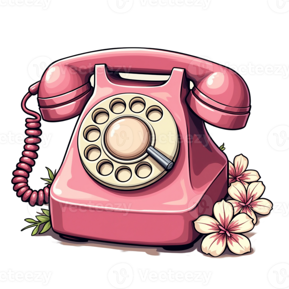 A retro rotary dial telephone is depicted in a bright pink color, adorned with blooming flowers and leaves around its base cutouts png