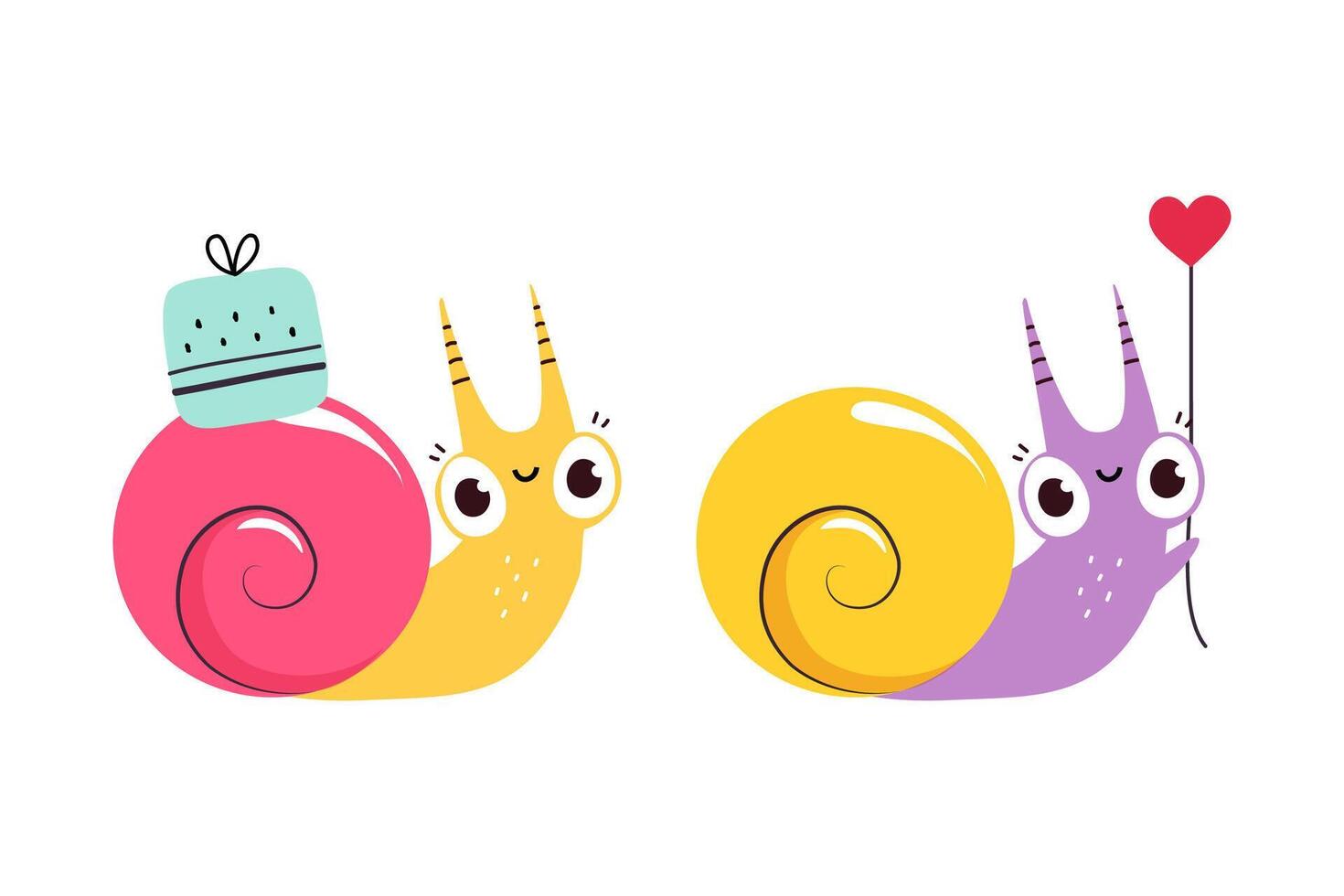 Cute Snail Character with Shell Carrying Heart and Gift Box on Its Back Set vector