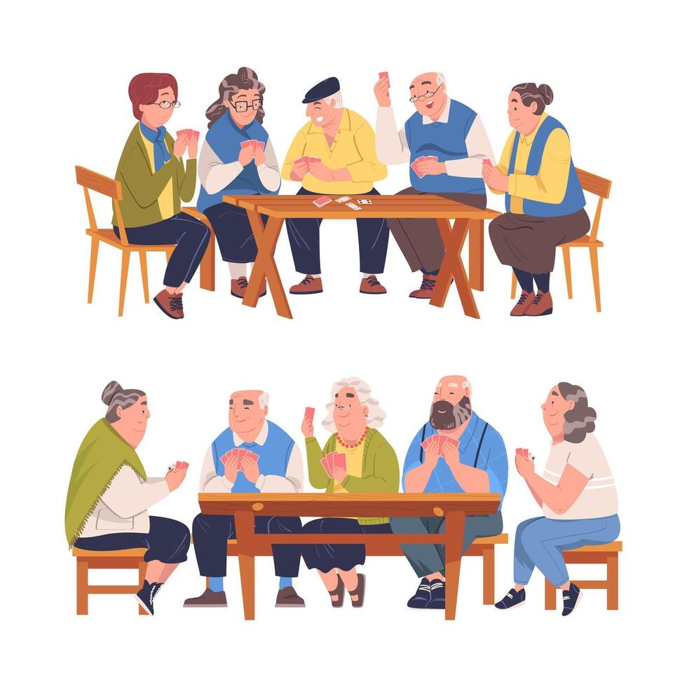 Senior Man and Woman Friends Playing Cards Game Sitting on Bench at Table Set vector