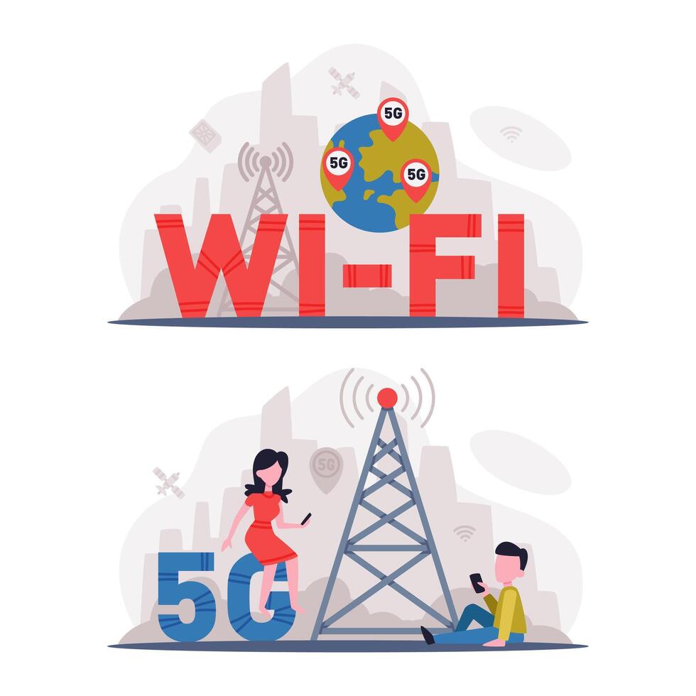 5G Network Wireless Technology with Man and Woman Using High-speed Internet Set vector