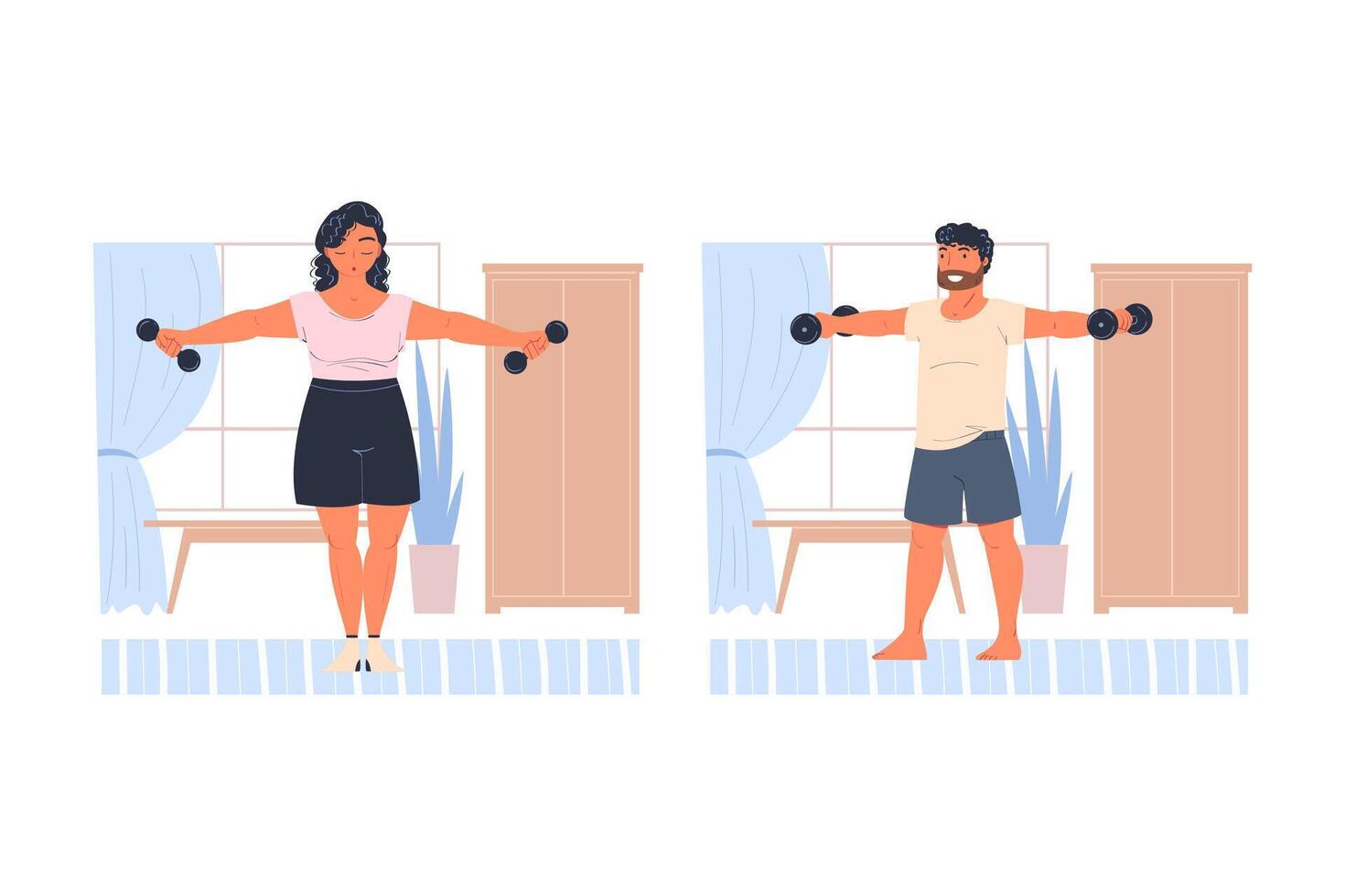 Man and Woman Character Doing Sport at Home with Dumbbells Set vector