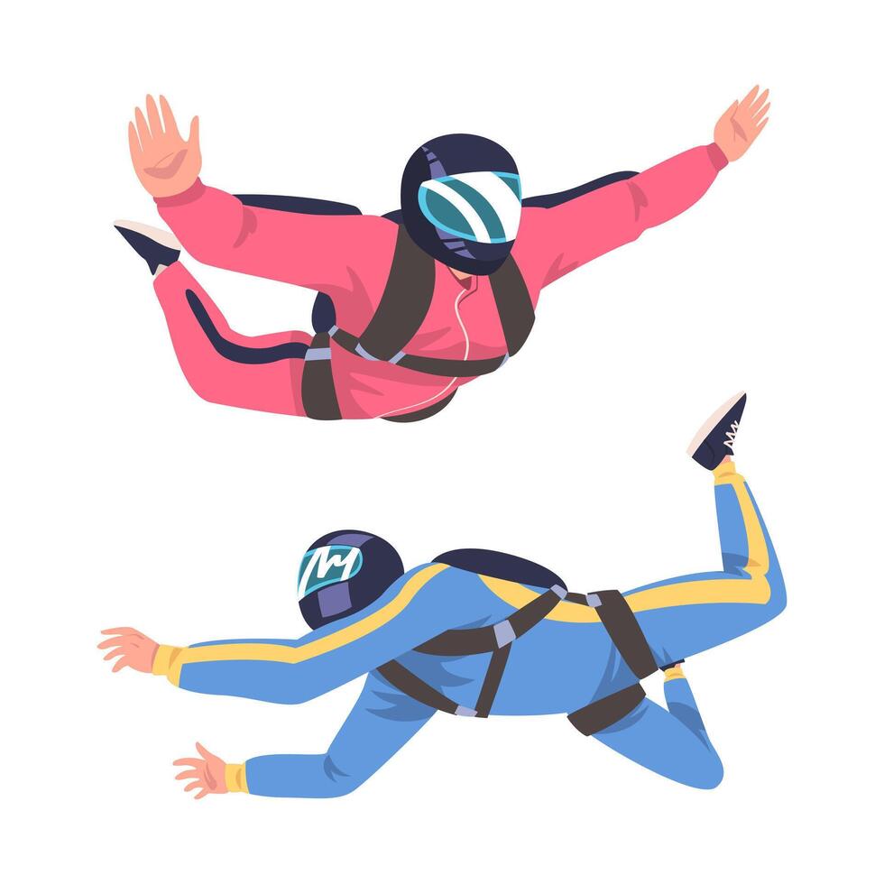 Man Parachutist Skydiving and Free-falling in the Air Descenting on the Earth Set vector