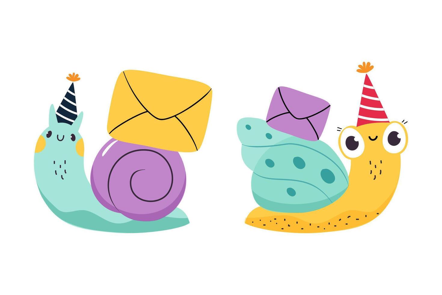 Cute Snail Character with Shell Carrying Envelope on Its Back Set vector