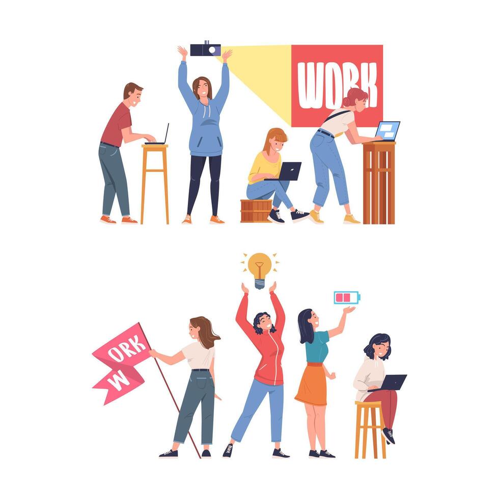 People Characters Working as Well Coordinated Mechanism Engaged in Teamwork Set vector