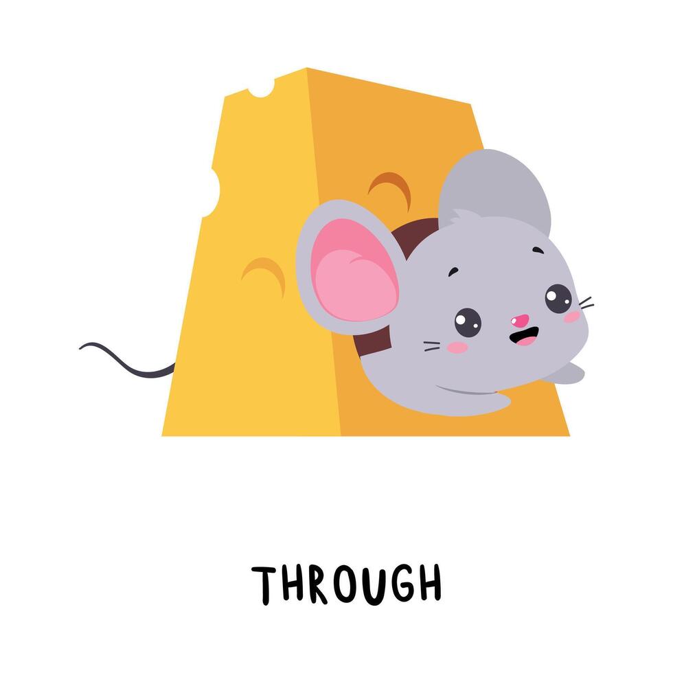 Little Mouse Peeping Through Cheese Hole as English Language Preposition for Educational Activity Illustration vector
