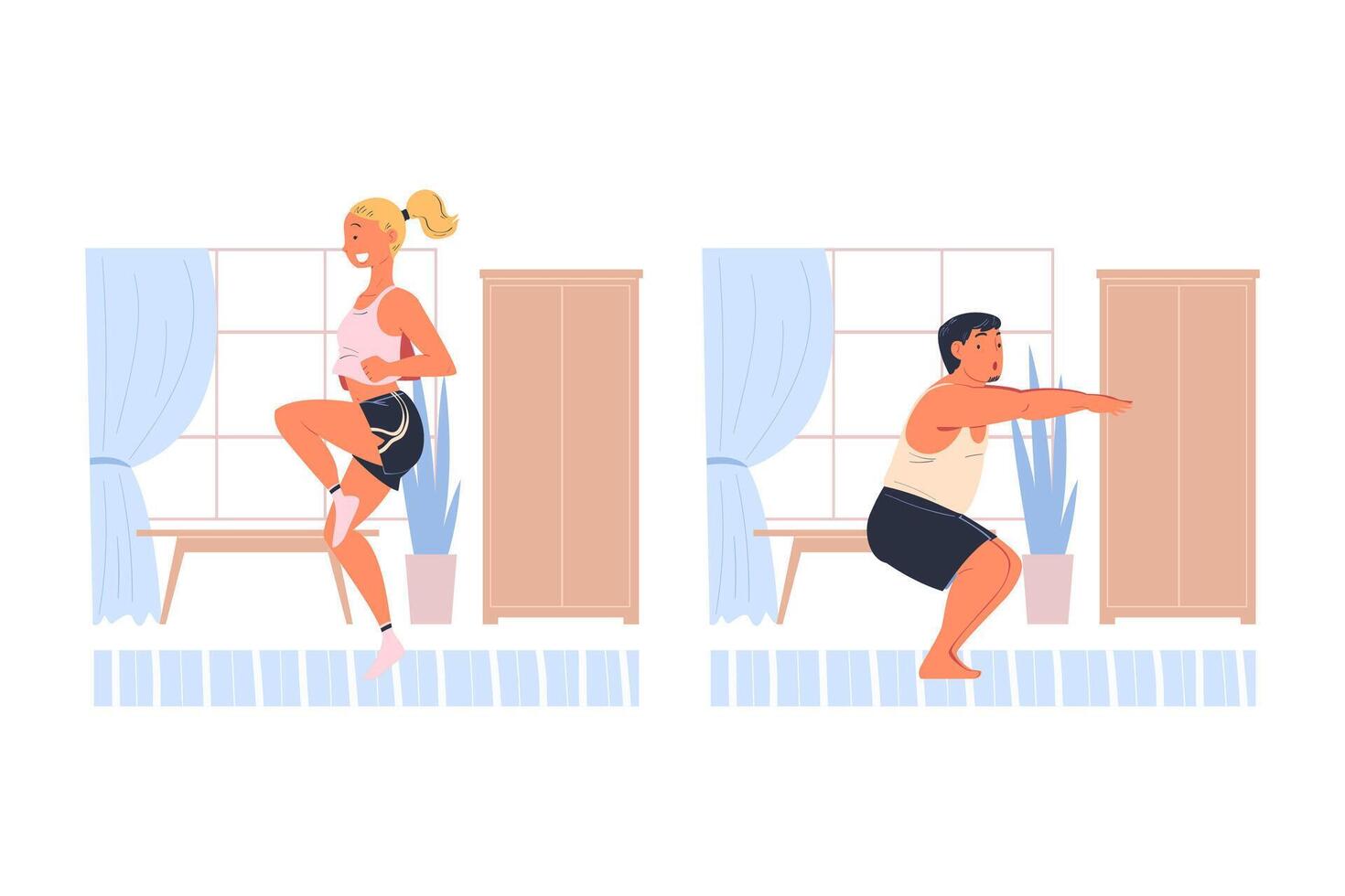 Man and Woman Character Doing Sport at Home Set vector