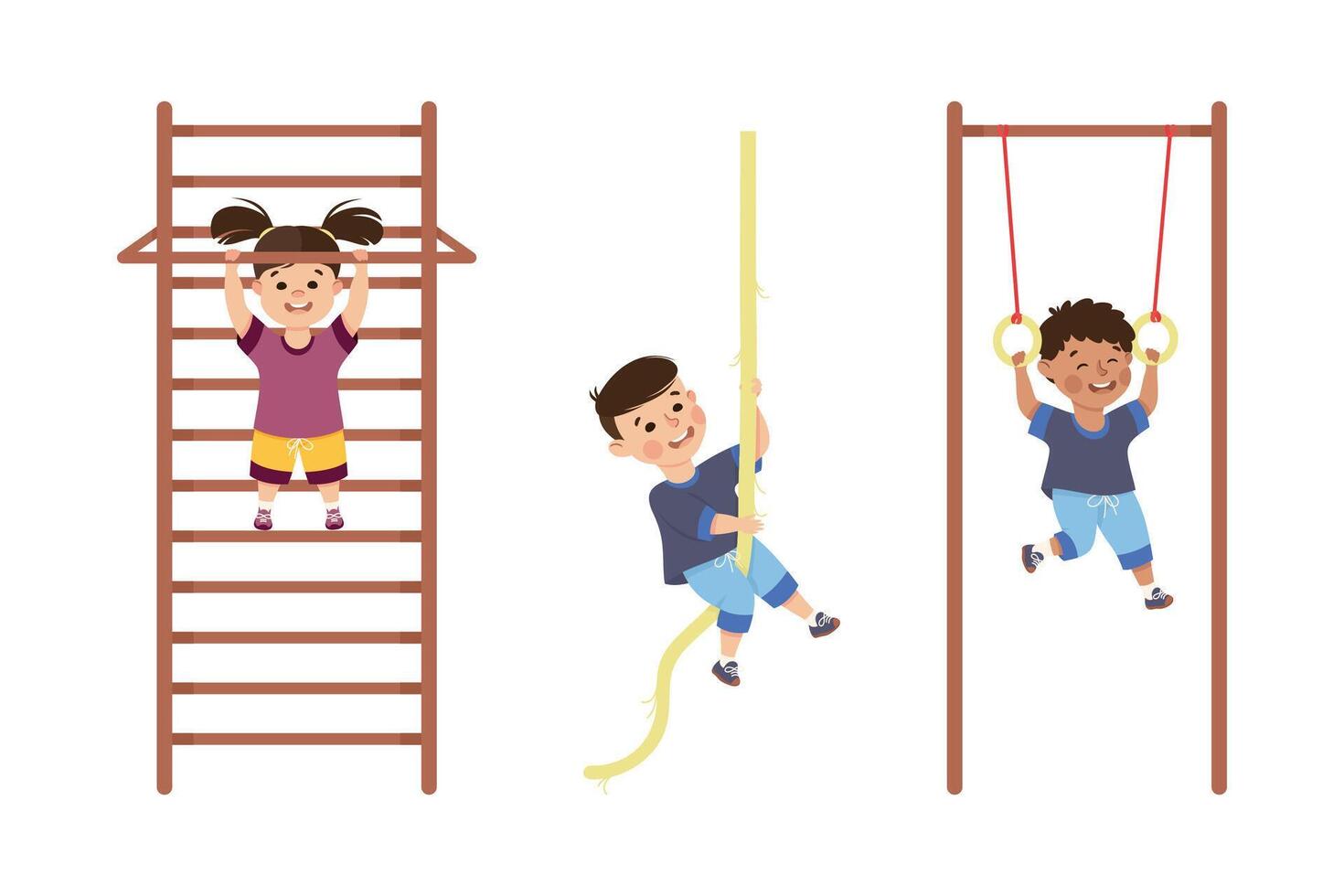 Little Boy and Girl Engaged in Physical Education at School Set vector