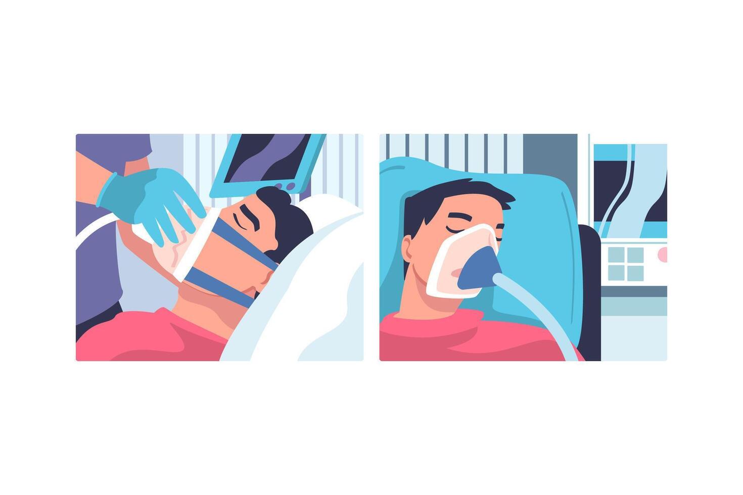 Young Man Patient in Hospital Lying on Bed with Mask Having Artificial Lung Ventilation Being in Critical Condition Set vector