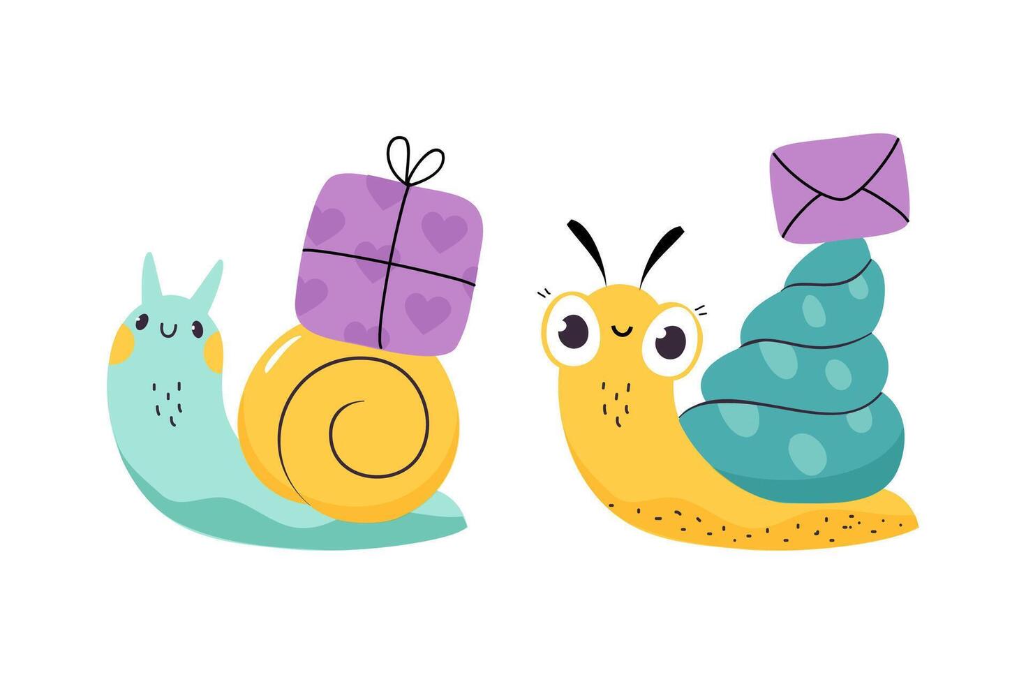Cute Snail Character with Shell Carrying Envelope and Gift Box on Its Back Set vector