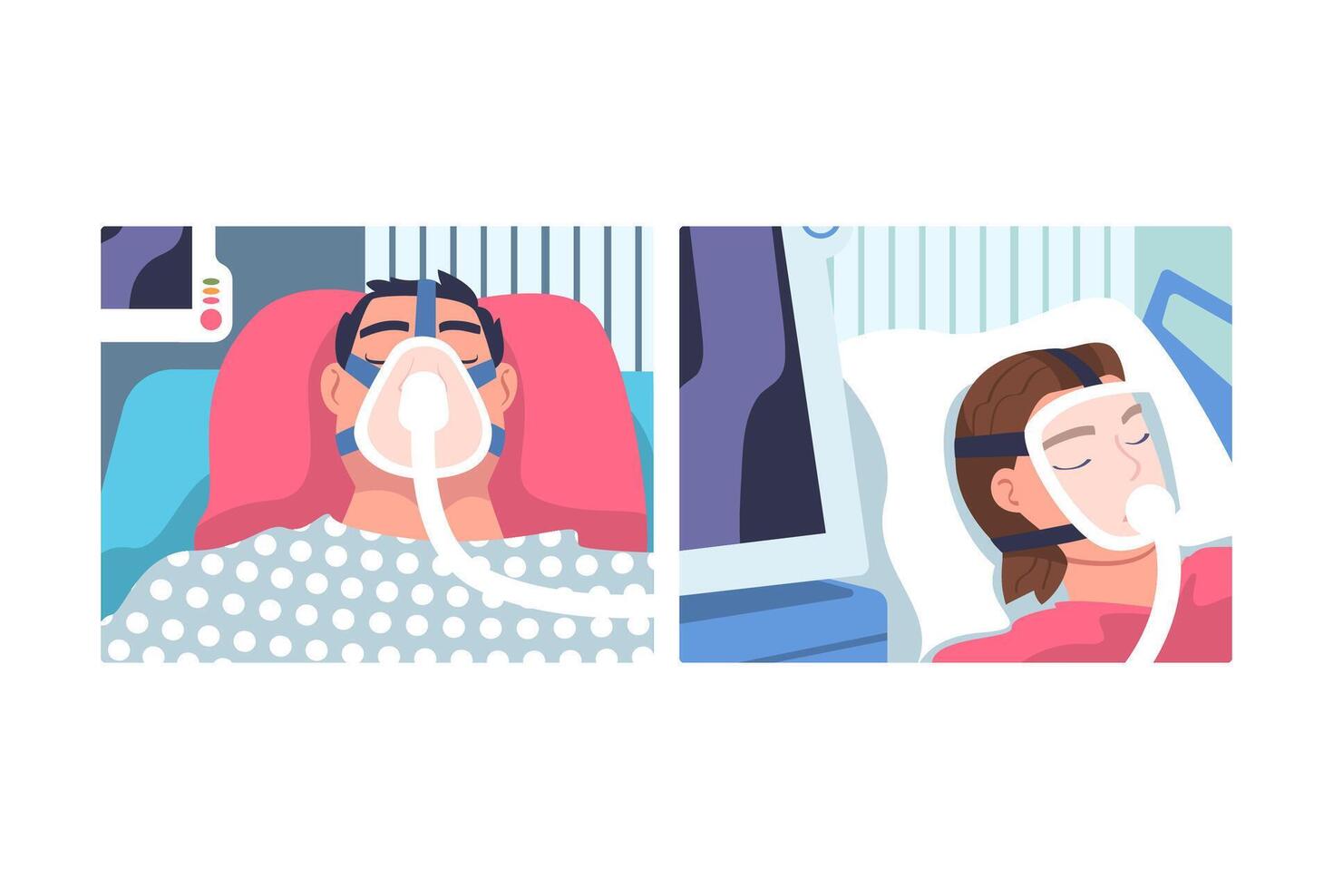 Young Man and Woman Patient in Hospital Lying on Bed with Mask Having Artificial Lung Ventilation Being in Critical Condition Set vector