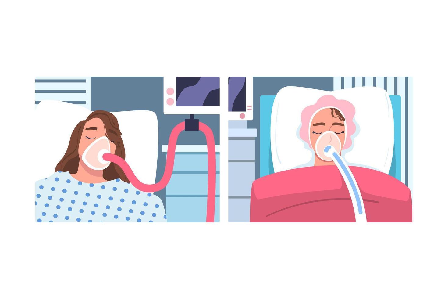 Young Woman Patient in Hospital Lying on Bed with Mask Having Artificial Lung Ventilation Being in Critical Condition Set vector