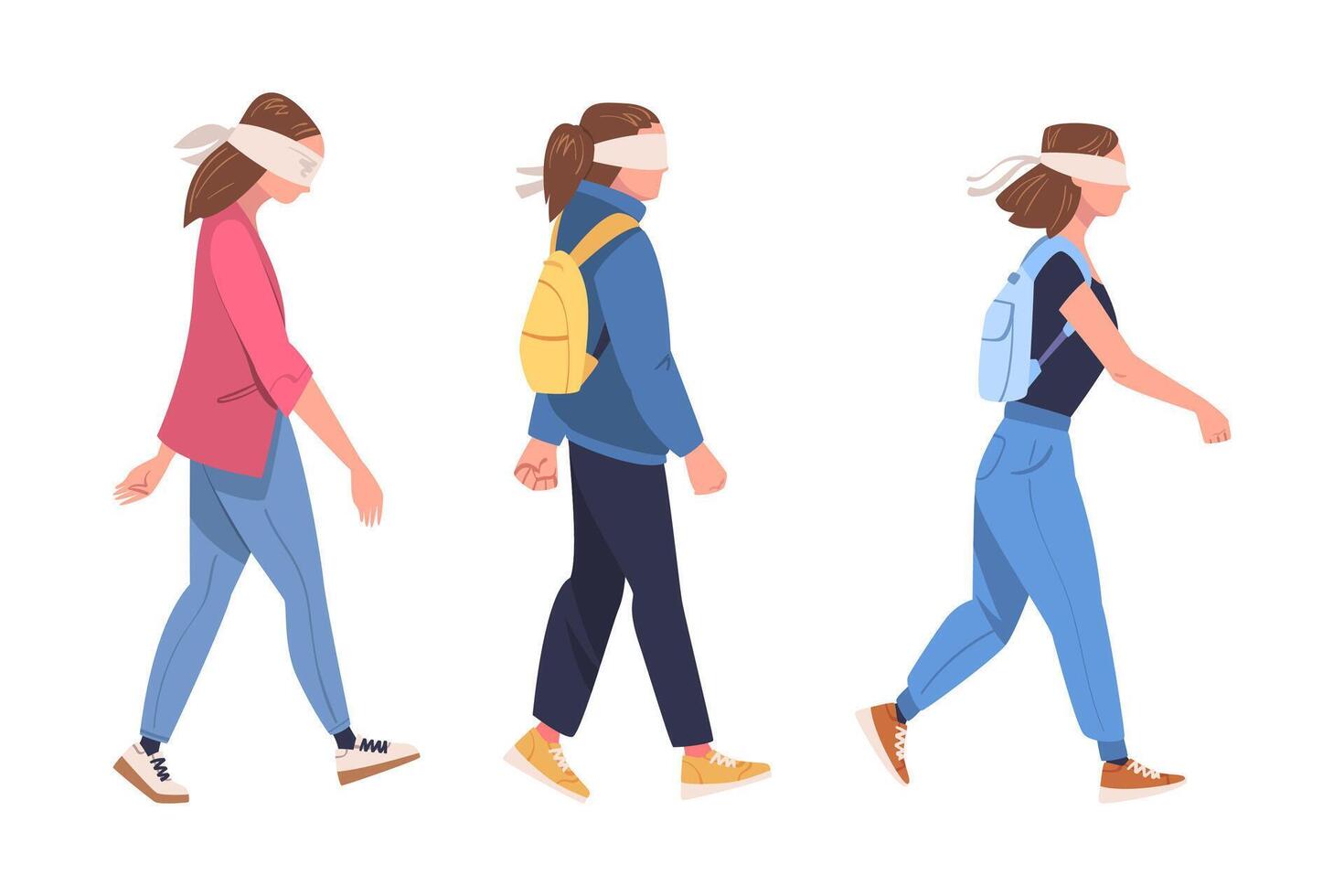 Woman Character Wearing Blindfold Following Someone Trusting and Having Faith in Something Set vector