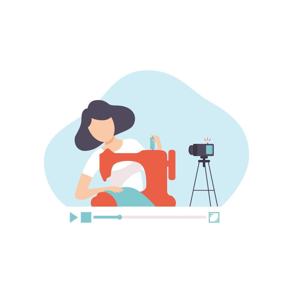 Girl Sewing Clothes By Sewing Machine, Young Woman Blogger Creating Content and Posting It on Social Media, Online Channel Concept, Female Streamer Illustration vector