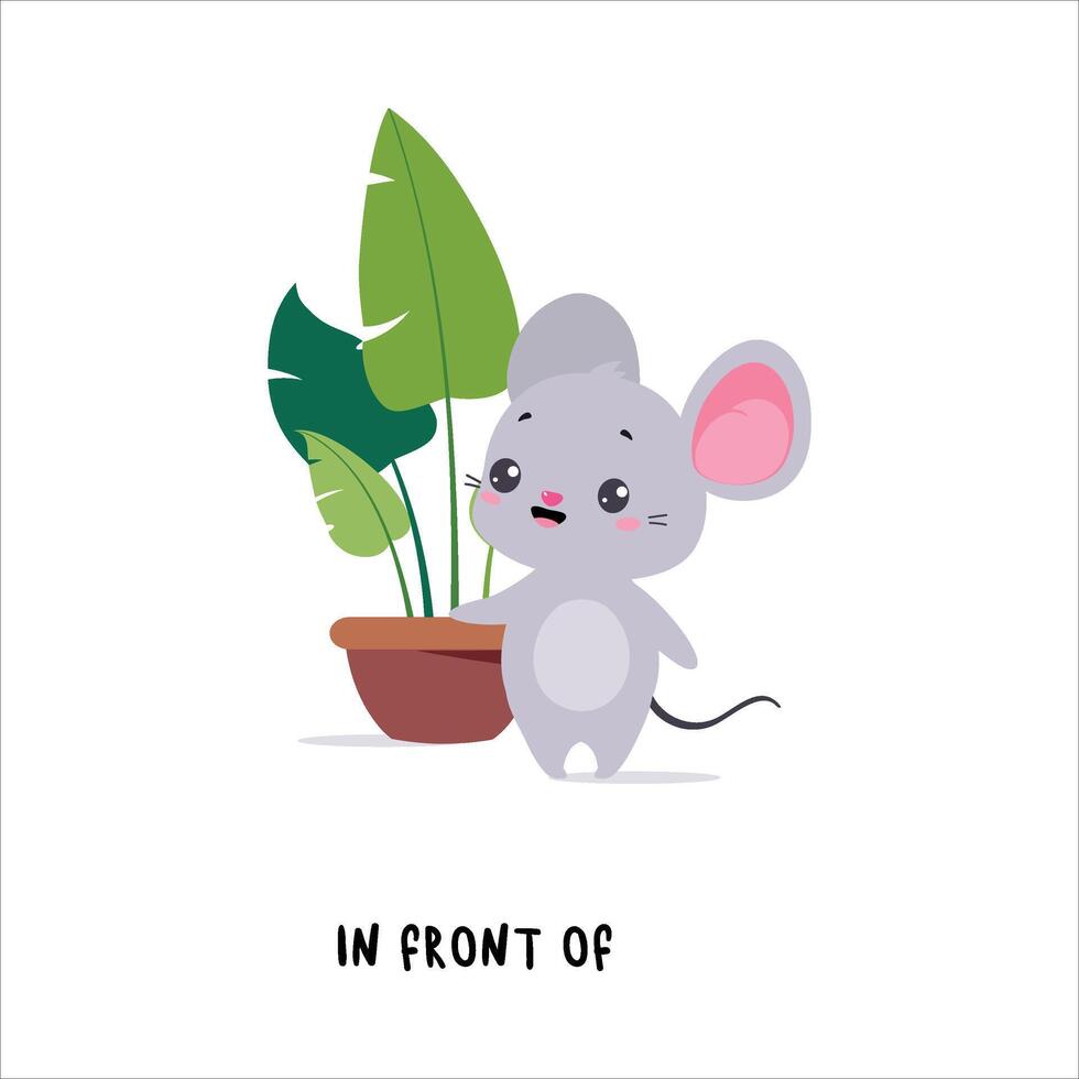 Little Mouse Standing in Front of Houseplant as English Language Preposition for Educational Activity Illustration vector