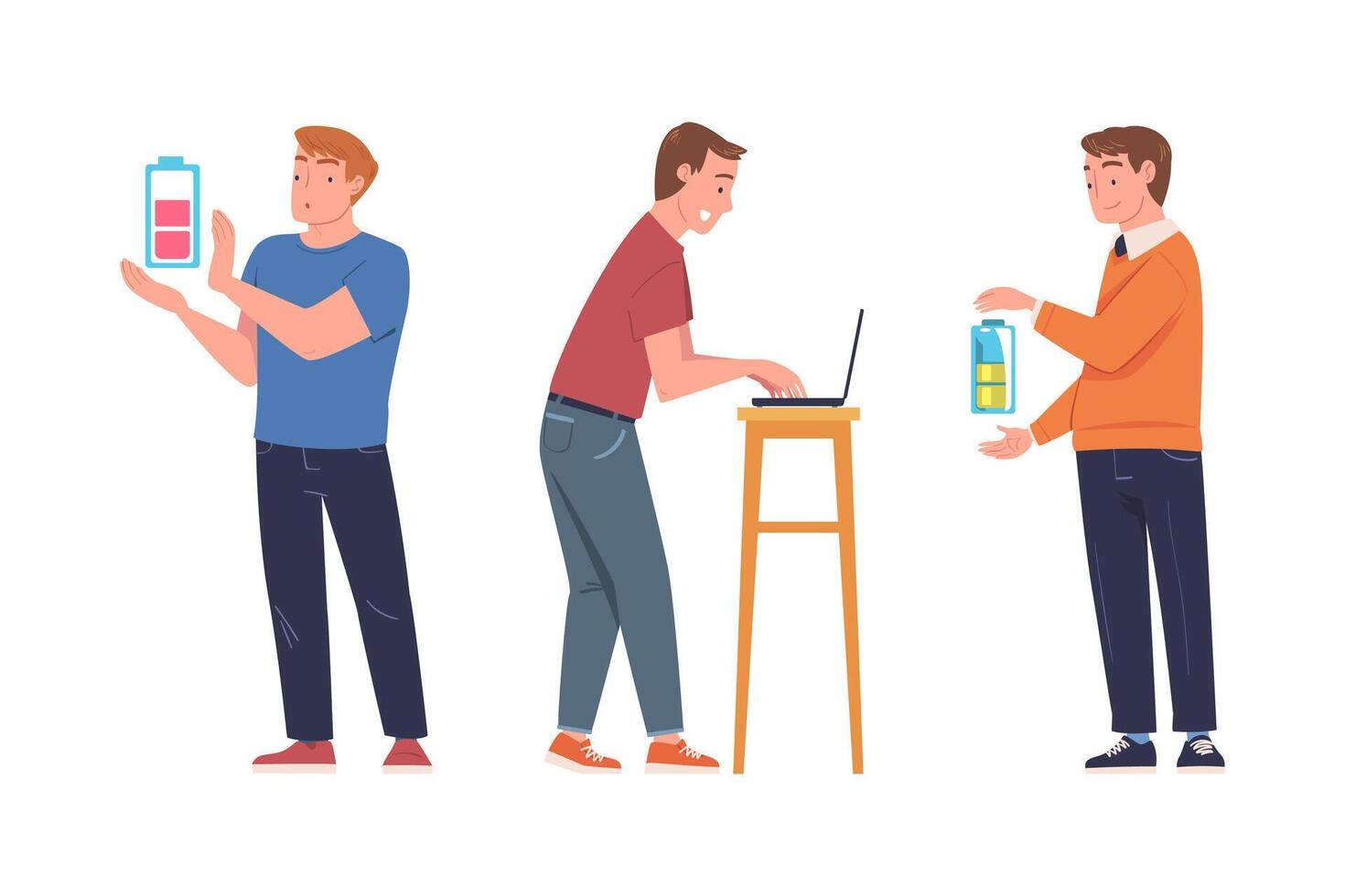 Man Character Working at Laptop and Standing with Battery Set vector
