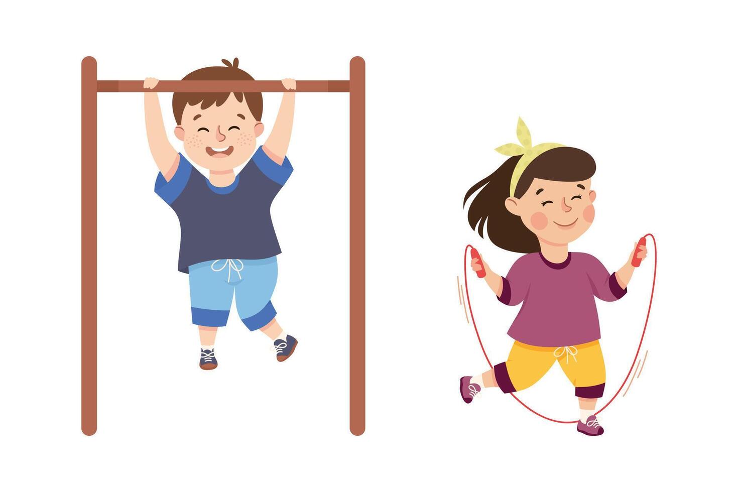 Little Boy and Girl Engaged in Physical Education at School Set vector