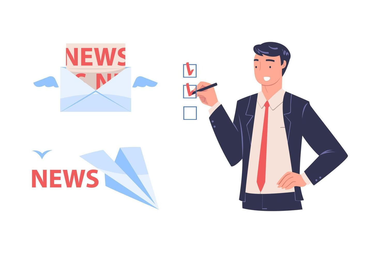 Promotion with Man Character Engaged in Marketing and Advertisement Campaign Ticking Checkbox Set vector