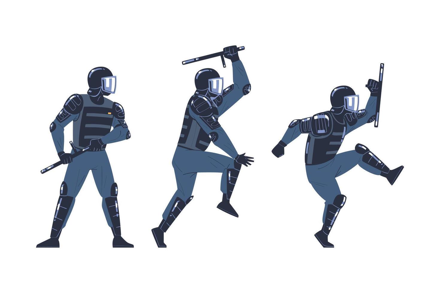 Riot Police Officer and Squad Member in Uniform and Helmet with Baton Fighting Set vector