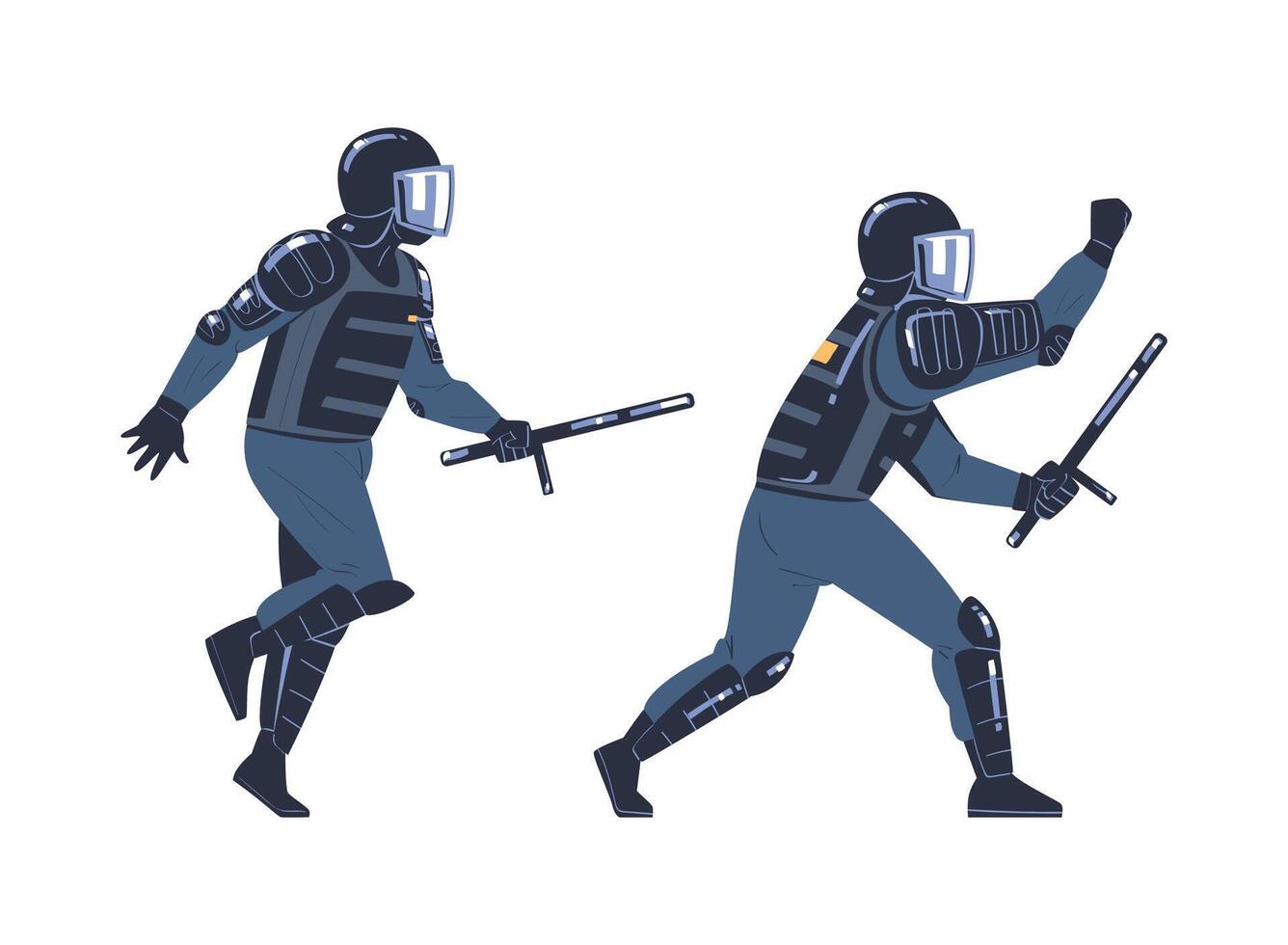 Riot Police Officer and Squad Member in Uniform and Helmet with Baton Fighting Set vector