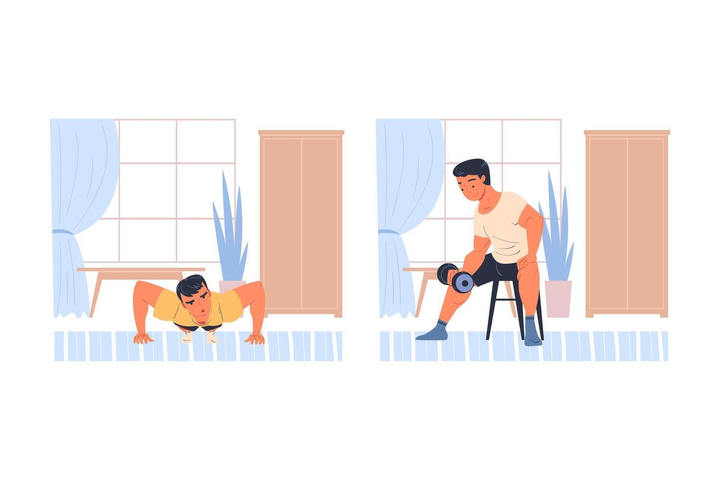 Man Character Doing Sport at Home in Plank and Dumbbell Set vector