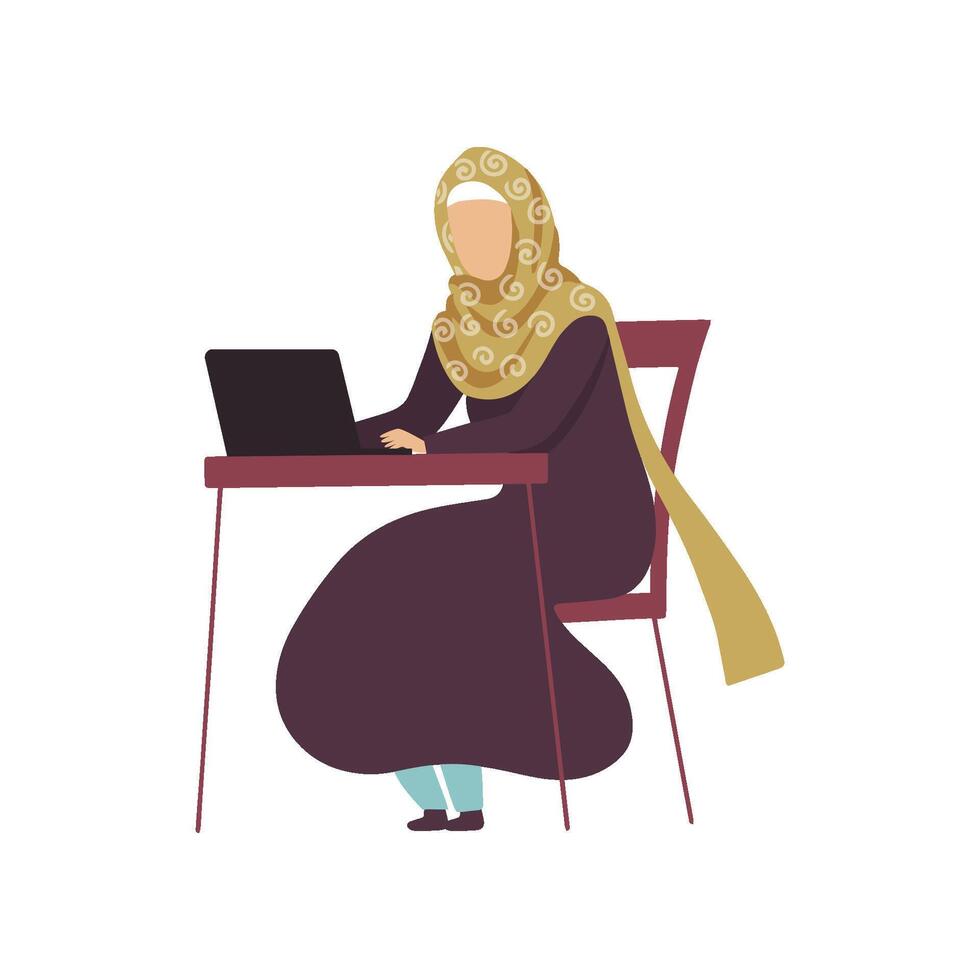 Muslim Woman Sitting at Desk Working with Laptop Computer, Modern Arab Girl in Traditional Clothing Illustration vector