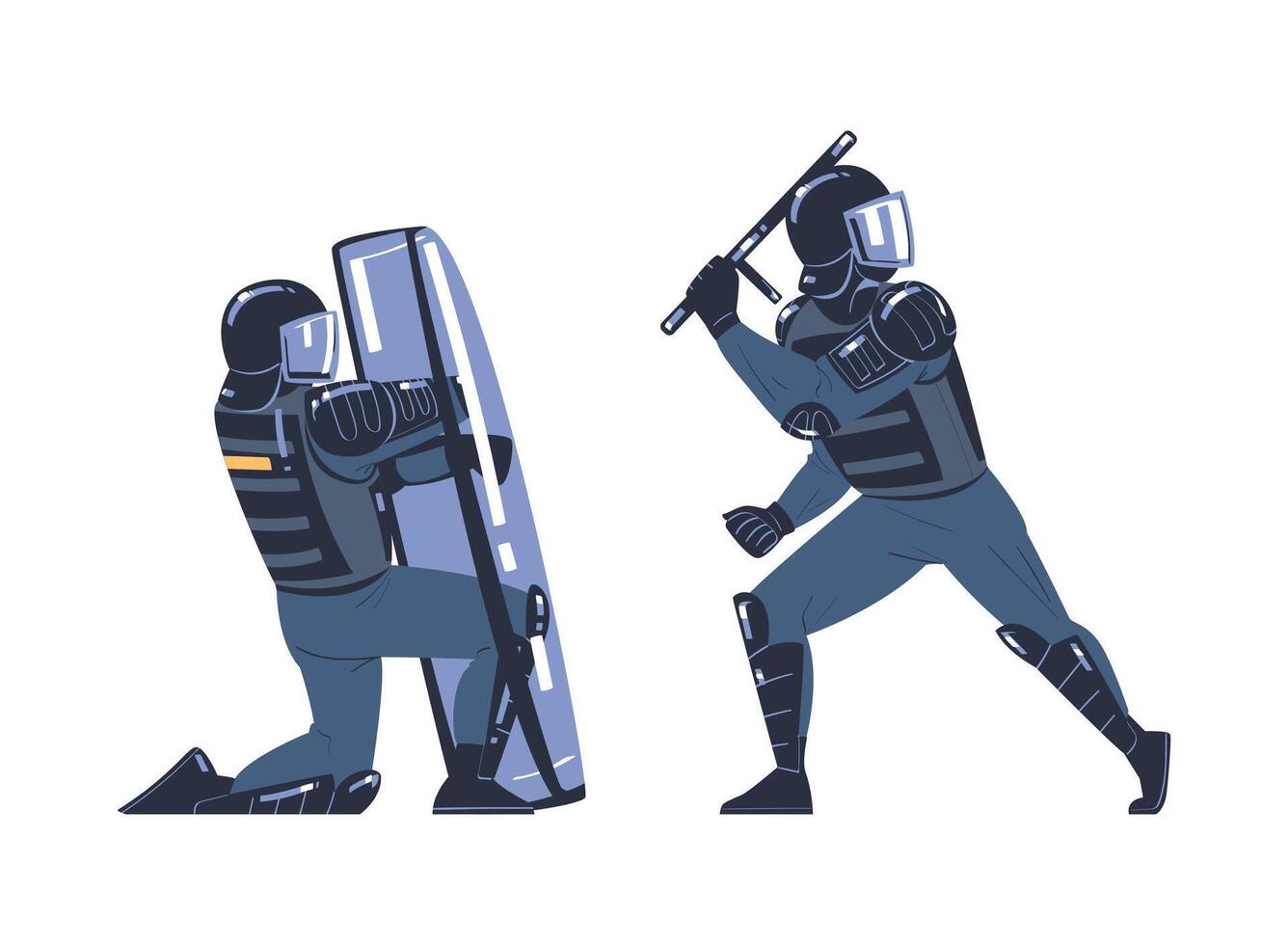 Riot Police Officer and Squad Member in Uniform and Helmet with Baton Fighting Set vector