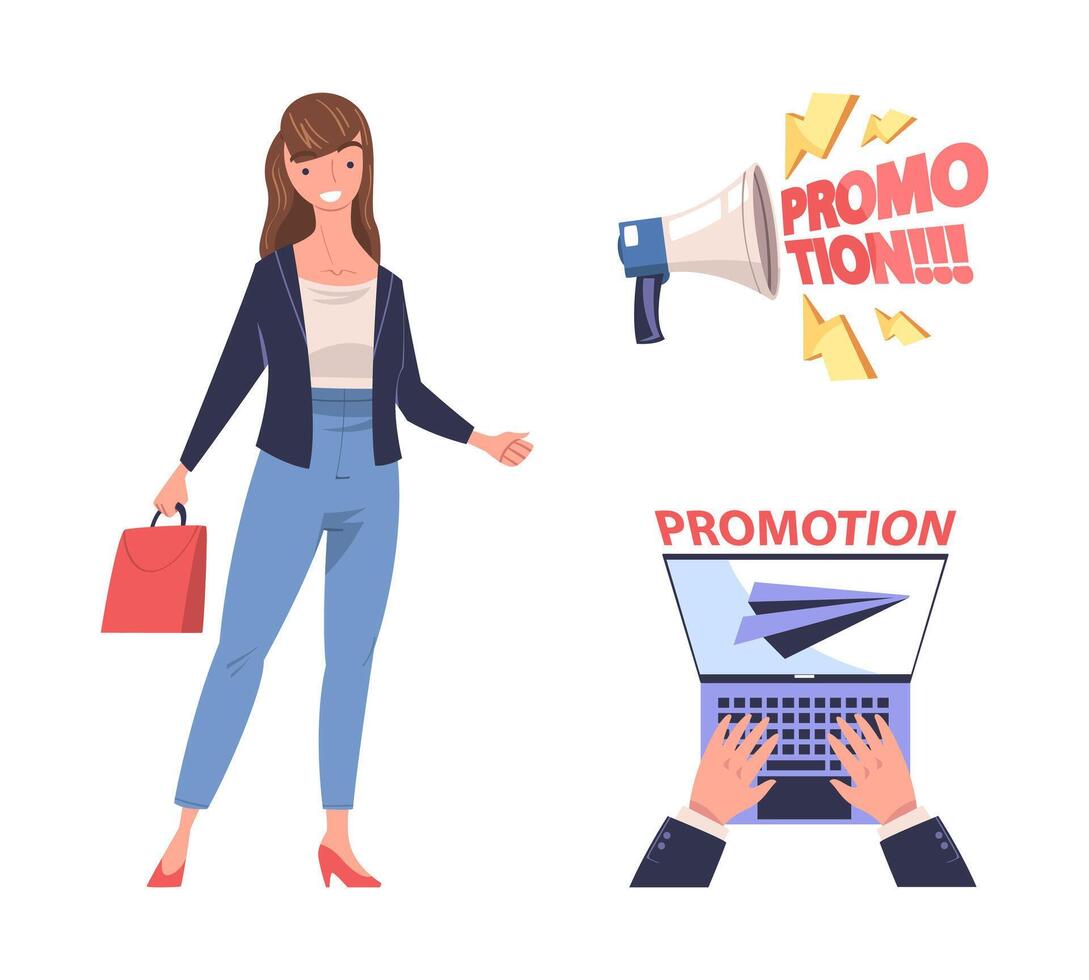 Promotion with Woman Character Engaged in Marketing and Advertisement Campaign Set vector