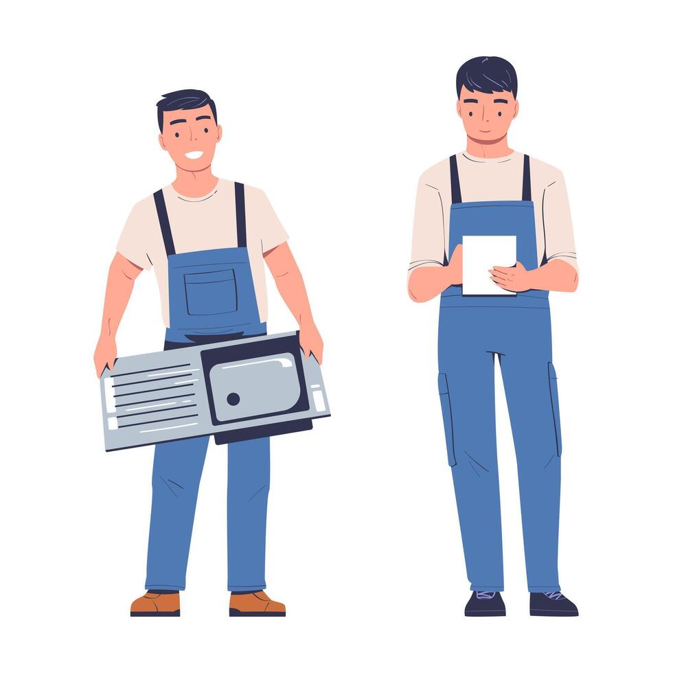 Man Plumber in Uniform with Sink and Writing Something in Paper Set vector