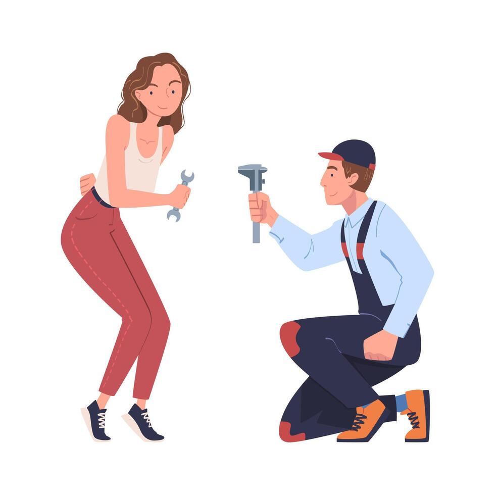 Man and Woman Character Working Holding Wrench Tool Set vector