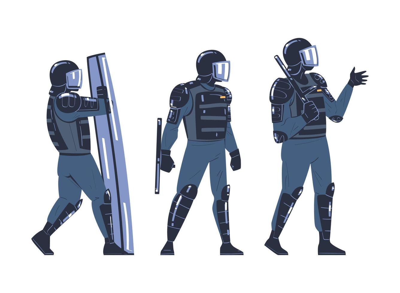 Riot Police Officer and Squad Member in Uniform and Helmet with Baton Fighting Set vector