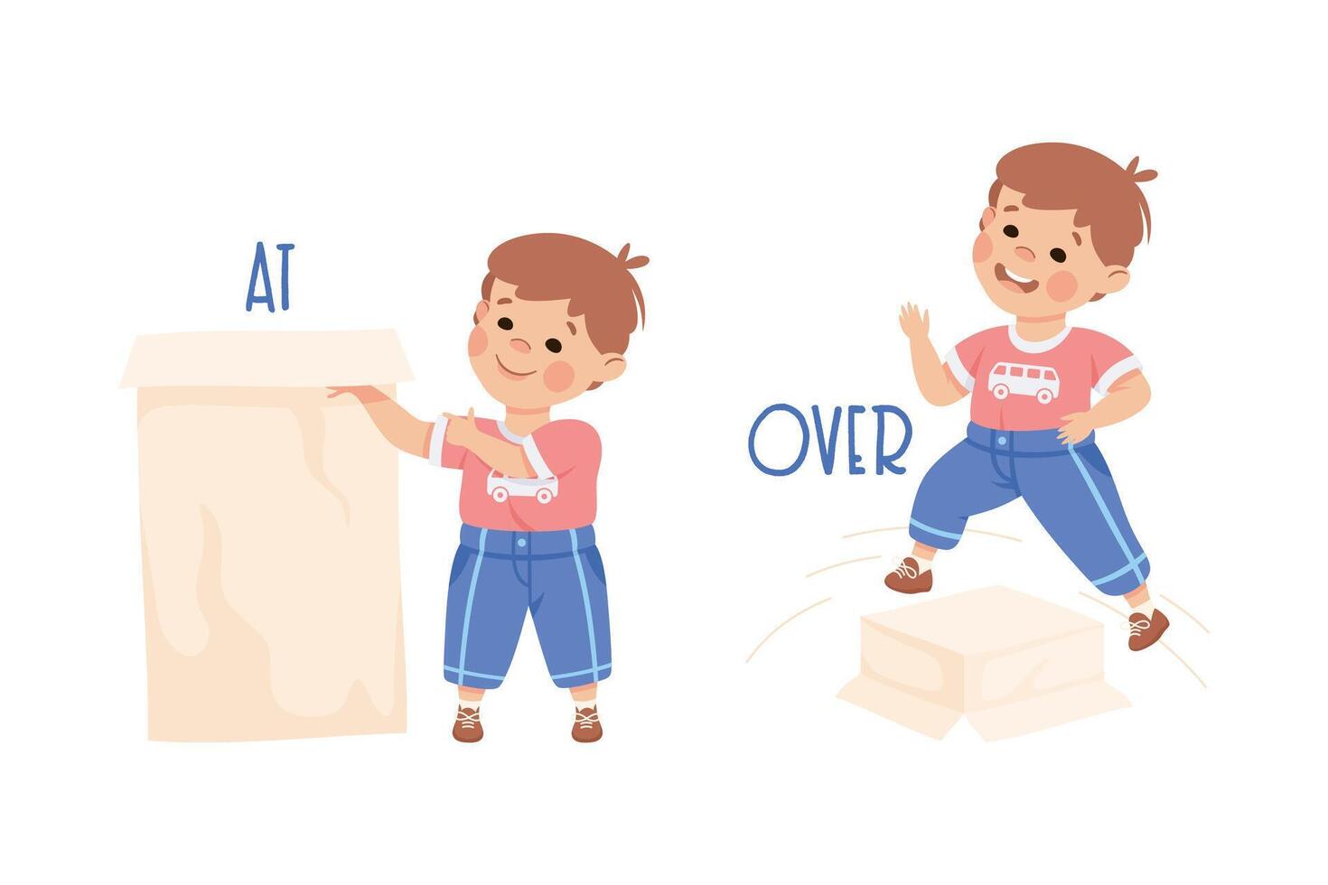 Little Boy with Cardboard Box as Preposition Demonstration Set vector