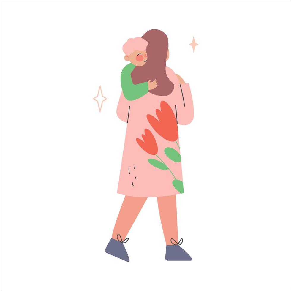 Happy Mother Carrying Her Kid Embracing Him Illustration vector