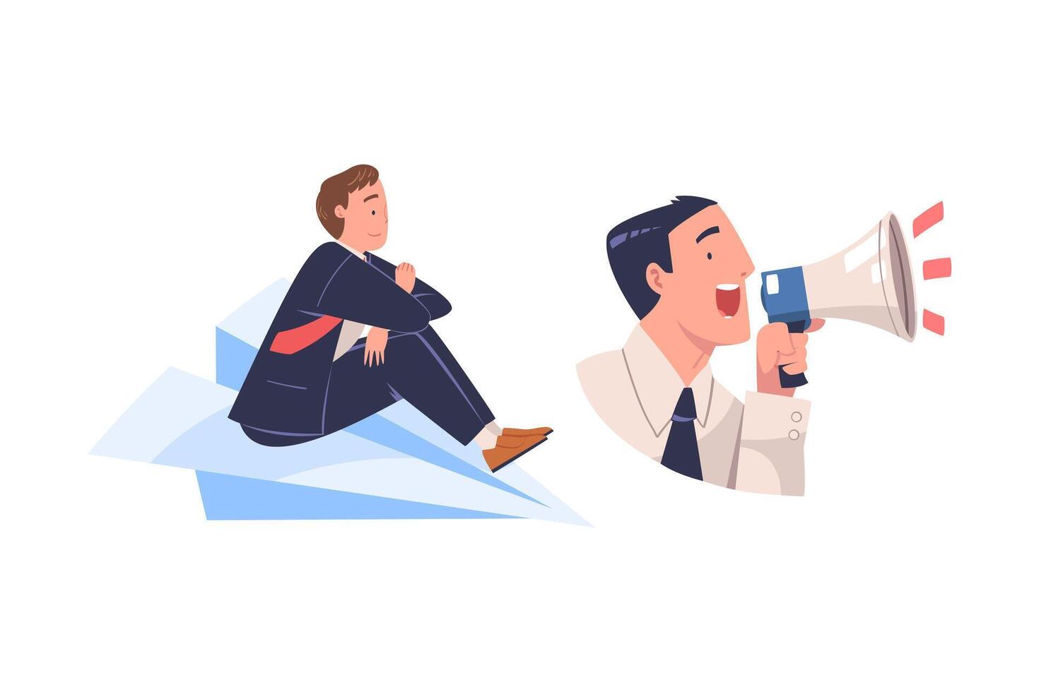 Promotion with Man Character Engaged in Marketing and Advertisement Campaign Shouting in Megaphone and Flying on Paper Plane Set vector