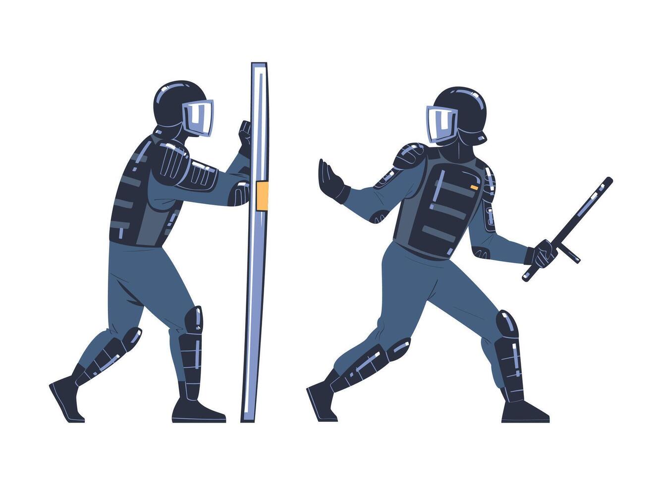 Riot Police Officer and Squad Member in Uniform and Helmet with Baton Fighting Set vector
