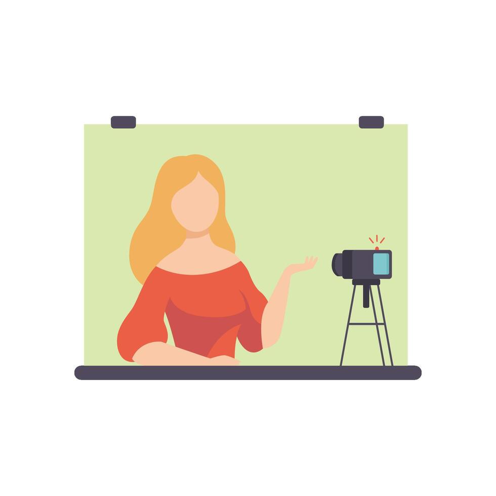 Young Woman Blogger Creating Content and Posting It on Social Media, Online Channel Concept, Female Streamer Illustration vector
