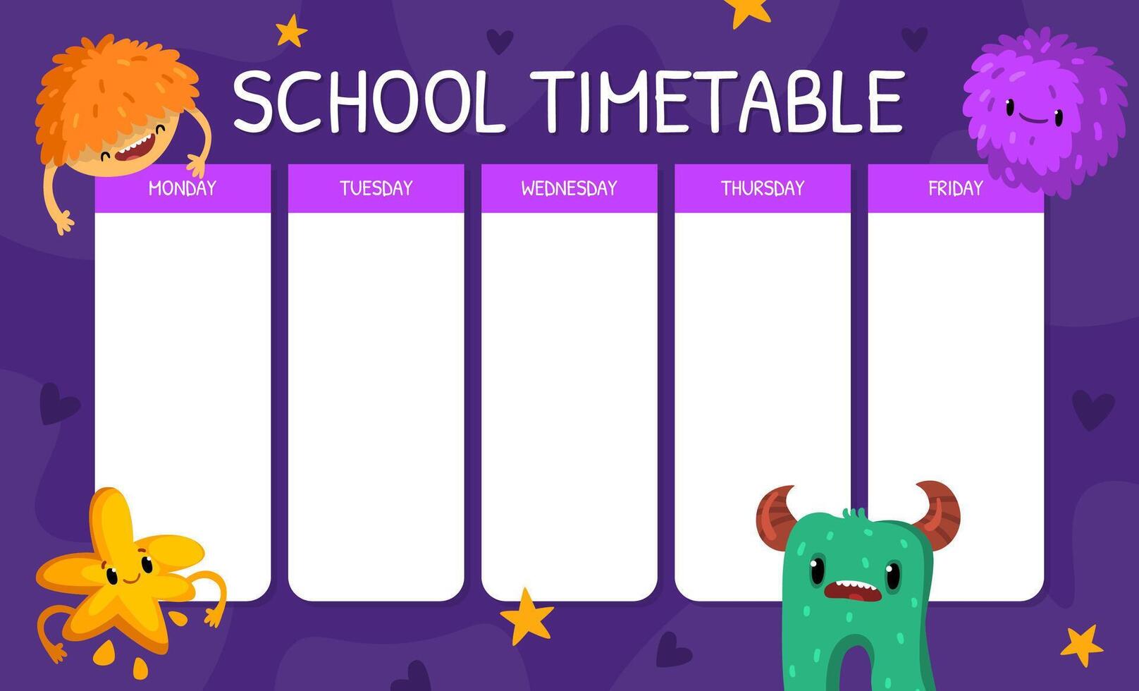 School Timetable with Cartoon Monster Character with Funny Face Template vector