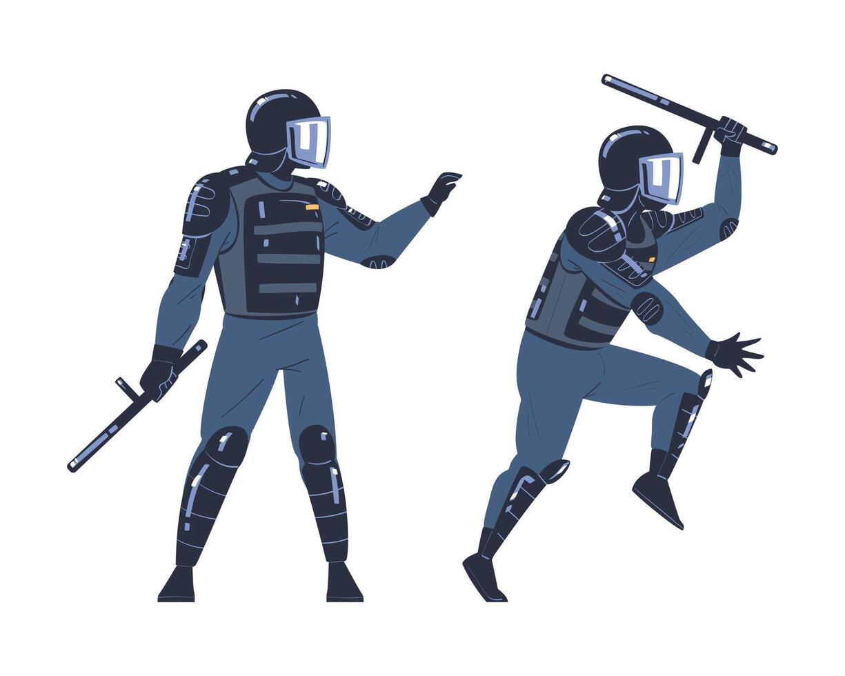 Riot Police Officer and Squad Member in Uniform and Helmet with Baton Fighting Set vector